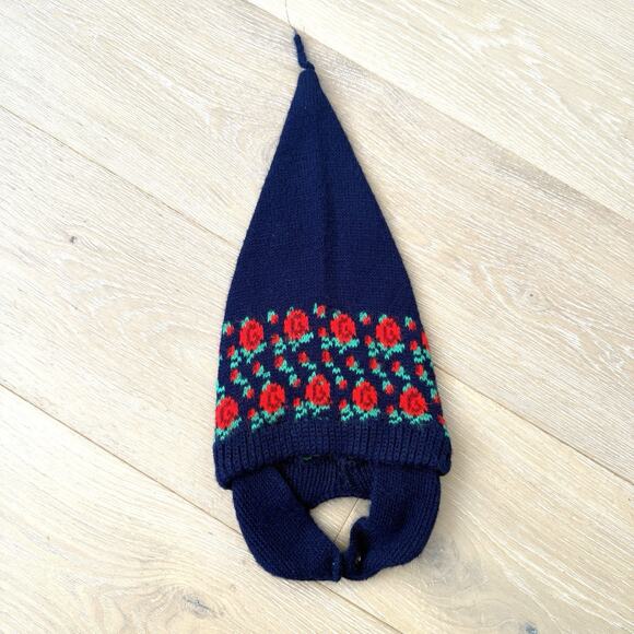 Vintage Baby Navy Blue Red Rose Print Knit Winter Elf Hat Size 0-6 Mo. - Picture 5 of 6